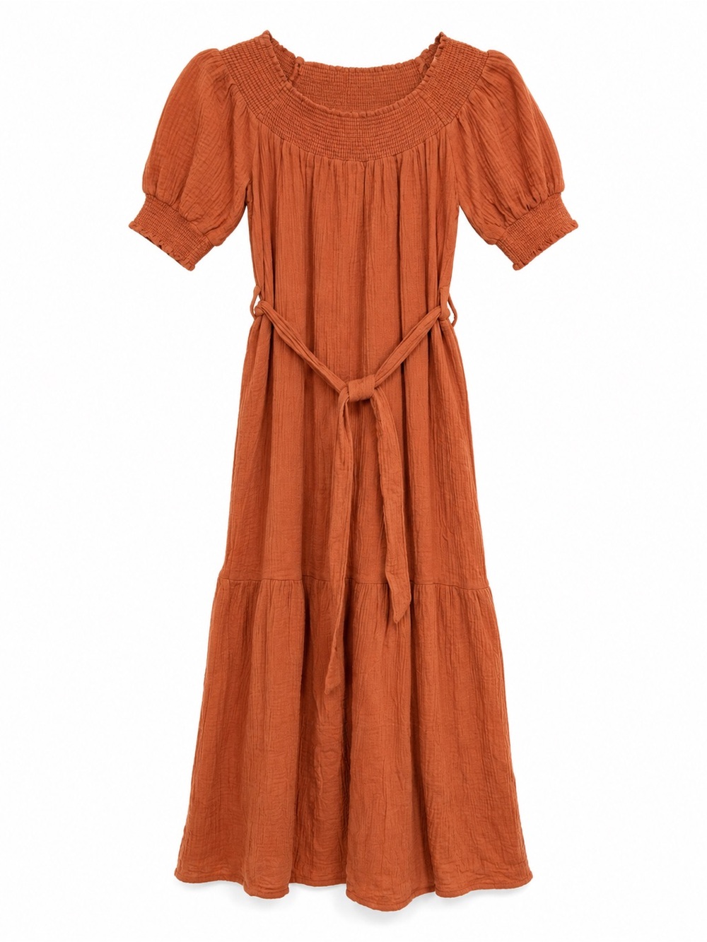 Lulus Rust Cotton Gauze Smocked Puff Sleeve Tie Waist Maxi Dress